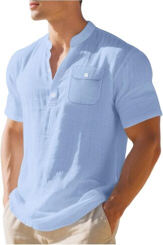 Men Linen Shirt Summer Stylish V Neck Short Sleeve Shirts Loose Fit Button Down Tops Beach Vacation Tees in Kuwait