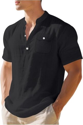 Men Linen Shirt Summer Stylish V Neck Short Sleeve Shirts Loose Fit Button Down Tops Beach Vacation Tees in Kuwait