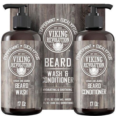 Viking Revolution Beard Wash & Beard Conditioner Set w/Argan & Jojoba Oils – Softens, Smooths & Strengthens Beard Growth - Natural Peppermint and Eucalyptus Scent - Beard Shampoo w/Beard Oil (17 oz) in Saudi Arabia