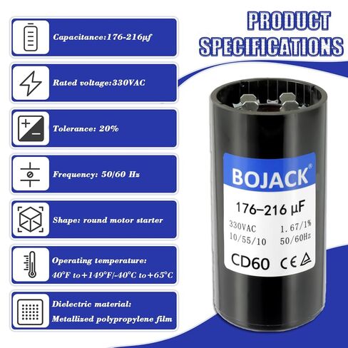 BOJACK CPT00320 176-216 UF/MFD 330 VAC مكثف CD60 مكثف تشغيل دائري مزدوج مناسب للوحدات القياسية والمضخات الحرارية وأنظمة التدفئة والتهوية وتكييف الهواء (HVAC) in Kuwait