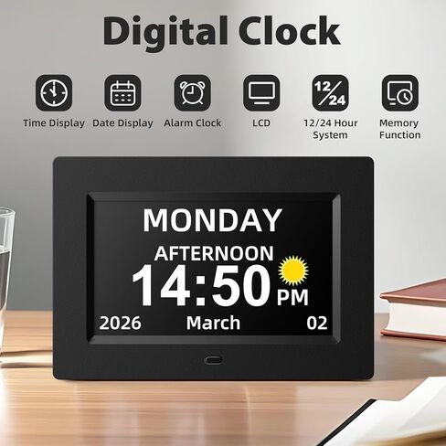 ساعة تقويم رقمية 7 بوصة لكبار السن وكبار السن، شاشة كبيرة جدًا مع تاريخ وشهر غير مختصر، ساعة منبه للخرف لفقدان الذاكرة، تعتيم تلقائي، أبيض in Kuwait