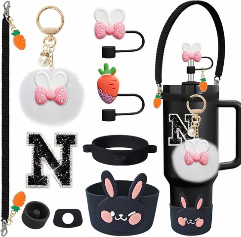 9PCS Rabbit Accessories Set for Stanley Cup, Including Rabbit Straw Toppers, Silicone Boot, Pom Pom Keychain, Handle Strap, Diamond Letter Stickers, for 30oz 40oz Tumblers in Saudi Arabia