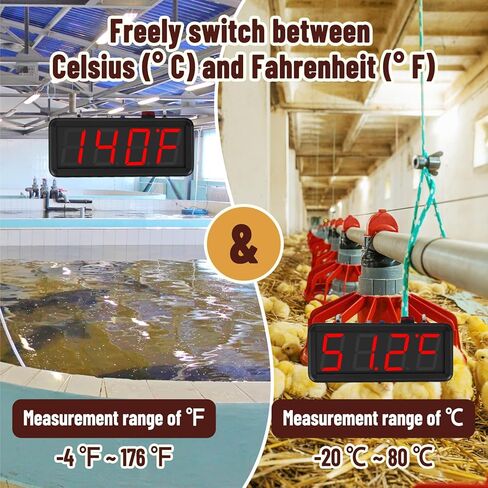 JIAWANSHUN 4" Large LED Industrial Temperature Display, -4℉-176℉ ±0.9℉, ℃/℉ Adjustable Thermometer with Flashing Alert & Independent Switch, for Lab, Aquarium & Freezer in Saudi Arabia