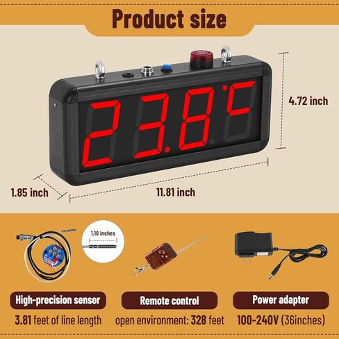 JIAWANSHUN 4" Large LED Industrial Temperature Display, -4℉-176℉ ±0.9℉, ℃/℉ Adjustable Thermometer with Flashing Alert & Independent Switch, for Lab, Aquarium & Freezer in Saudi Arabia
