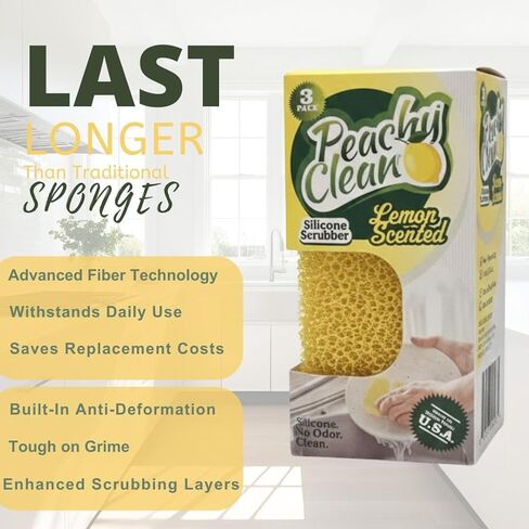 Peachy Clean Kitchen Dish Sponge & Scrubbers, Fresh Lemon Scent, Non-Scratch, Odor-Resistant, Durable Silicone Dish Sponges for Kitchen. in Saudi Arabia