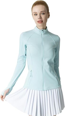 Women's Slim-Fit Zip-Up Jacket - 2 Side & Back Zip Pockets, Thumbholes, Moisture-Wicking for Tennis/Running in Saudi Arabia