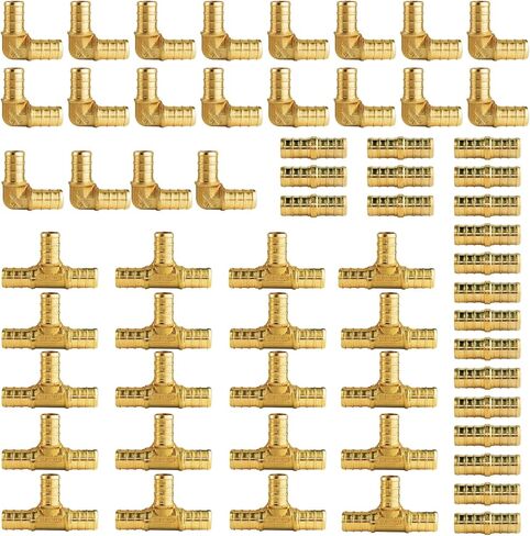 WiseWater 60 Pcs Pex Fittings, 1/2 inch T PEX Tee(20PCS) & 90 Degree Elbow & Straight Coupling, Brass Barb Crimp Pipe Fitting for Pex Pipe(Pack of 60), UPC Certified in Saudi Arabia
