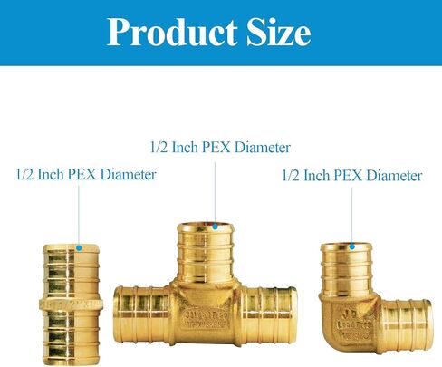 WiseWater 60 Pcs Pex Fittings, 1/2 inch T PEX Tee(20PCS) & 90 Degree Elbow & Straight Coupling, Brass Barb Crimp Pipe Fitting for Pex Pipe(Pack of 60), UPC Certified in Saudi Arabia