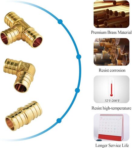 WiseWater 60 Pcs Pex Fittings, 1/2 inch T PEX Tee(20PCS) & 90 Degree Elbow & Straight Coupling, Brass Barb Crimp Pipe Fitting for Pex Pipe(Pack of 60), UPC Certified in Saudi Arabia