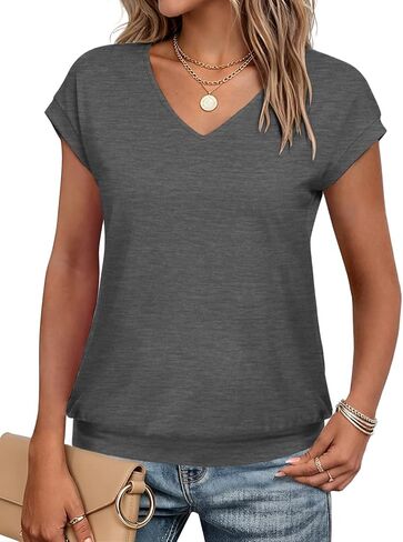 V Neck Cap Sleeve Top Women Banded Bottom T Shirts Fashion Blouse Summer Spring Beach Vacation Outfits Clothes 2026 in Saudi Arabia