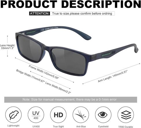 CARA Full Lens Reading Sunglasses for Men with UV400 Protection Outdoors Dark Lens Sun Readers, Extremely Lightweight TR90 Frame with Gray Tinted Lens(Black+Blue, +2.50) in Saudi Arabia