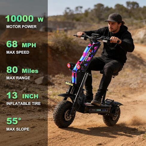 ZonDoo ZO03 RoadHitter Electric Scooter Adults 68 MPH, Dual Motor 10000W 70 Miles Range,Dual Hydraulic Suspension and Oil Brakes,13" All Terrain Off Road Tires Escooter with Seat for Adults in Saudi Arabia
