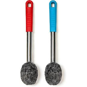 2PCS Steel Wool Scrubber with Handle Rustproof, Cast Iron Scrubber, Stubborn Messes Pot Brush, Remove Dirt for Cleaning Stoves,Sinks Dishes Grills Bowls & Metal Wire Sponge for Kitchens,Bathroom in Saudi Arabia