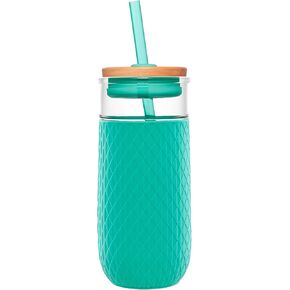 كوب زجاجي من Ello Devon بسعة 18oz مع قش، وغطاء من خشب الخيزران مناسب للاحتكاك وغطاء من السيليكون | مثالية للقهوة المثلجة والشاي والعصائر in Kuwait