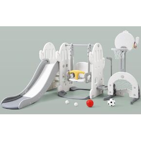Toddler Slide and Swing Set, 7 in 1 Kids Slide for Toddlers Age 1-3, Indoor Outdoor Playset with Adjustable Swing, Basketball Hoop, Soccer Golf & Ring Toss Game, Grey in Kuwait