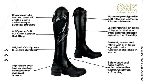 AK Sporty Soft Full Grain Leather Horse Riding Half Chaps Snug Fit Durable Zip Elastic Panels Comfortable for Men & Women in Saudi Arabia
