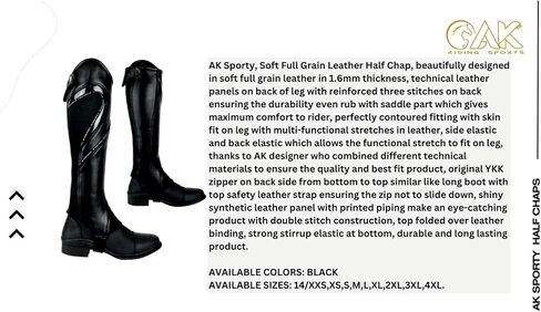 AK Sporty Soft Full Grain Leather Horse Riding Half Chaps Snug Fit Durable Zip Elastic Panels Comfortable for Men & Women in Saudi Arabia