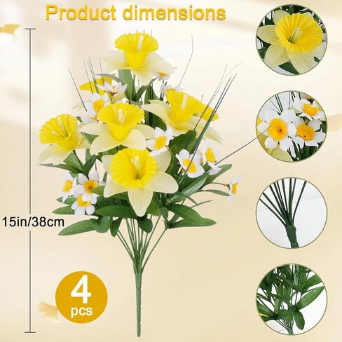 4PCS Artificial Daffodils Flowers 18" Tall Silk Narcissus Large Faux Spring Bouquet Fake Yellow Floral Table Arrangemet for Table Home Cemetery Wedding Garden Indoor Outdoor Decor in Saudi Arabia