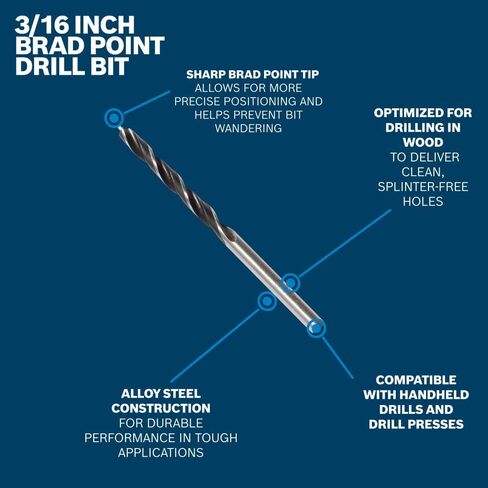 BOSCH BP14602 3/16 بوصة. لقمة براد بوينت - بداية دقيقة، ثقوب نظيفة، حفر خشب دقيق، مثقاب محمول / مكبس حفر متوافق in Kuwait