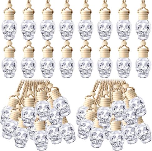 BBTO 50 Pcs Hanging Car Air Freshener Car Diffuser Bottles Empty Glass Perfume Bottle Freshener Diffuser Bottle Pendant for Essential Oil Fragrance Aromatherapy Bottle Ornament (Black,Skull) in Saudi Arabia
