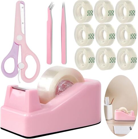 XEUZK Desktop Tape Dispenser Kits with Weighted Nonskid Base Tape Dispenser- Includes 9 Rolls of Transparent Tape(0.71 Inch x 500 inches Each) & Pink Scissors, 2 Pcs Tweezers (Pink) in Saudi Arabia