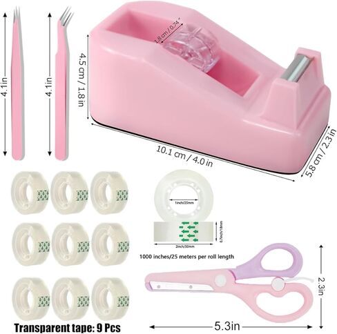 XEUZK Desktop Tape Dispenser Kits with Weighted Nonskid Base Tape Dispenser- Includes 9 Rolls of Transparent Tape(0.71 Inch x 500 inches Each) & Pink Scissors, 2 Pcs Tweezers (Pink) in Saudi Arabia