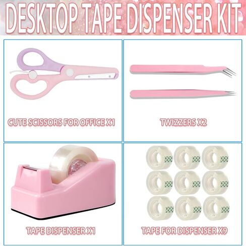 XEUZK Desktop Tape Dispenser Kits with Weighted Nonskid Base Tape Dispenser- Includes 9 Rolls of Transparent Tape(0.71 Inch x 500 inches Each) & Pink Scissors, 2 Pcs Tweezers (Pink) in Saudi Arabia