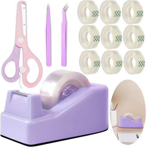 XEUZK Desktop Tape Dispenser Kits with Weighted Nonskid Base Tape Dispenser- Includes 9 Rolls of Transparent Tape(0.71 Inch x 500 inches Each) & Pink Scissors, 2 Pcs Tweezers (Pink) in Saudi Arabia