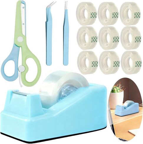 XEUZK Desktop Tape Dispenser Kits with Weighted Nonskid Base Tape Dispenser- Includes 9 Rolls of Transparent Tape(0.71 Inch x 500 inches Each) & Pink Scissors, 2 Pcs Tweezers (Pink) in Saudi Arabia