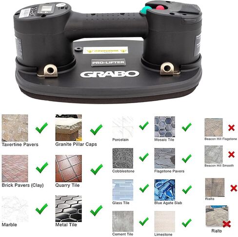 رافع كأس كهربائي محمول من GRABO Pro-Lifter 20 للجرانيت والبلاط والحجر والخشب والزجاج والأرصفة الخرسانية وأداة رفع الحوائط الجافة بوزن 375 رطلًا بحد أقصى in Saudi Arabia