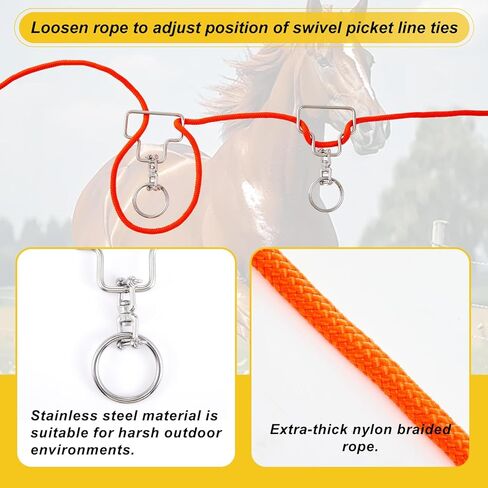 2-Horse Highline Kit Swivel Horse Camping Tie Line Kit Include 49 ft 3/8" Orange Nylon Rope, 2 Stainless Steel Swivels, 2 Tree Saver Straps and Carry Storage Bag in Saudi Arabia