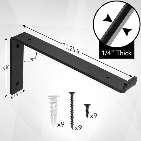 Heavy-Duty Shelf Brackets - Premium Construction Grade 1/4" (6mm) Thick Steel - Matte Black Iron Finish for Modern Farmhouse Rustic Open Shelving w/ Hardware, 4-Pack (L Bracket w/Lip, 11.25"x6") in Saudi Arabia