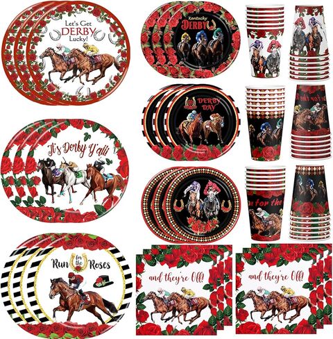 Race Party Tableware Set Horse Race 120pcs Disposable Paper Plates and Napkins for Race Party Decorations Cups for The Race Day Decor, Serve 30 in Saudi Arabia