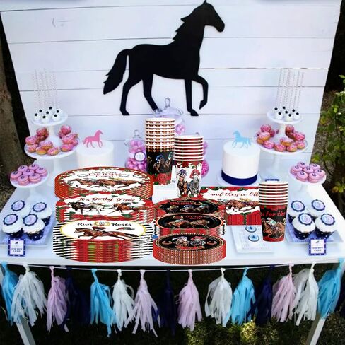 Race Party Tableware Set Horse Race 120pcs Disposable Paper Plates and Napkins for Race Party Decorations Cups for The Race Day Decor, Serve 30 in Saudi Arabia