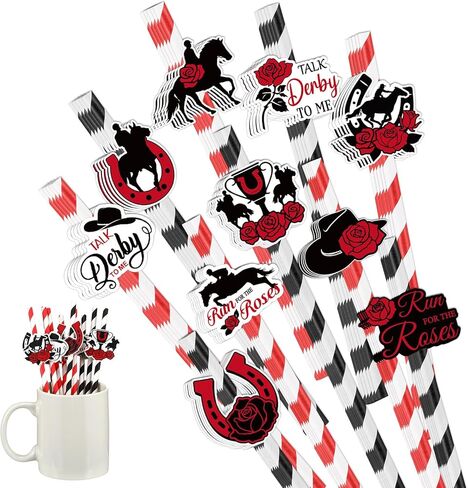 Thenshop 100 Pcs Derby Day Striped Drinking Straws with 10 Different Patterns Stickers Red Black Paper Disposable Straws Bulk Run for The Roses Horse Racing Tableware for Derby Party Decorations in Saudi Arabia