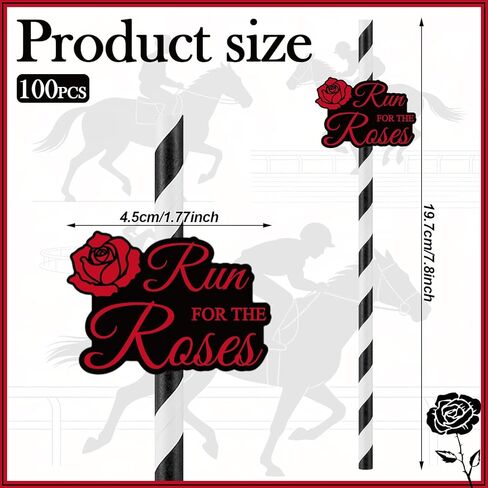 Thenshop 100 Pcs Derby Day Striped Drinking Straws with 10 Different Patterns Stickers Red Black Paper Disposable Straws Bulk Run for The Roses Horse Racing Tableware for Derby Party Decorations in Saudi Arabia