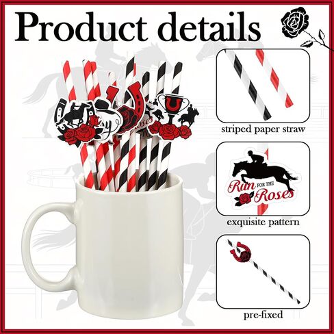 Thenshop 100 Pcs Derby Day Striped Drinking Straws with 10 Different Patterns Stickers Red Black Paper Disposable Straws Bulk Run for The Roses Horse Racing Tableware for Derby Party Decorations in Saudi Arabia