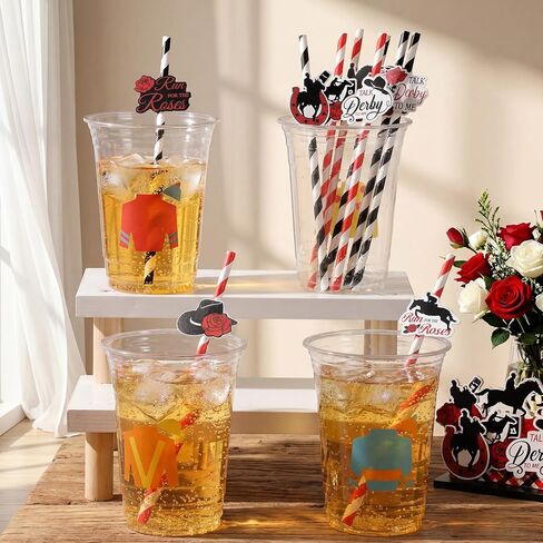 Thenshop 100 Pcs Derby Day Striped Drinking Straws with 10 Different Patterns Stickers Red Black Paper Disposable Straws Bulk Run for The Roses Horse Racing Tableware for Derby Party Decorations in Saudi Arabia
