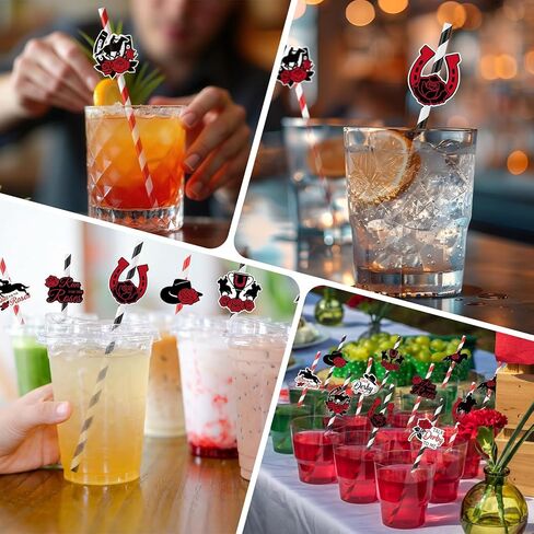 Thenshop 100 Pcs Derby Day Striped Drinking Straws with 10 Different Patterns Stickers Red Black Paper Disposable Straws Bulk Run for The Roses Horse Racing Tableware for Derby Party Decorations in Saudi Arabia