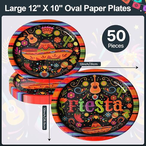 Dereinwo 50Pcs Fiesta Oval Paper Plates -12" x 10" Large Disposable Heavy Duty Party Plates for Cinco De Mayo Party Supplies in Kuwait