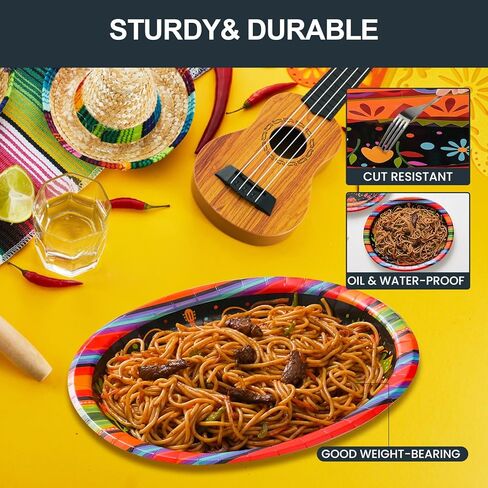 Dereinwo 50Pcs Fiesta Oval Paper Plates -12" x 10" Large Disposable Heavy Duty Party Plates for Cinco De Mayo Party Supplies in Kuwait