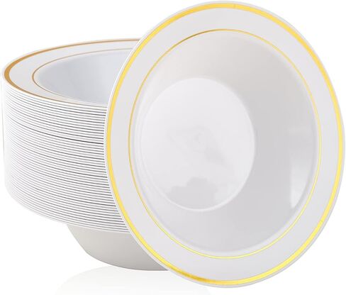 JOLLY PARTY 50PCS Plastic Bowls with Gold Rim-12oz disposable Soup Bowls, Christmas Thanksgiving Premium Dessert Salad Bowl for Wedding/Party in Saudi Arabia