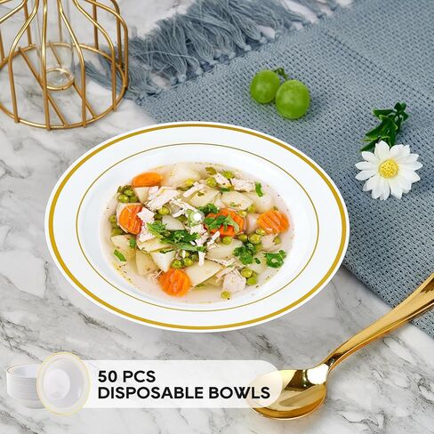JOLLY PARTY 50PCS Plastic Bowls with Gold Rim-12oz disposable Soup Bowls, Christmas Thanksgiving Premium Dessert Salad Bowl for Wedding/Party in Saudi Arabia