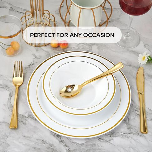 JOLLY PARTY 50PCS Plastic Bowls with Gold Rim-12oz disposable Soup Bowls, Christmas Thanksgiving Premium Dessert Salad Bowl for Wedding/Party in Saudi Arabia