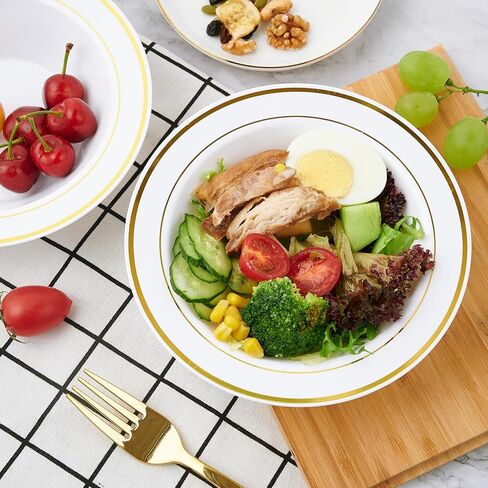 JOLLY PARTY 50PCS Plastic Bowls with Gold Rim-12oz disposable Soup Bowls, Christmas Thanksgiving Premium Dessert Salad Bowl for Wedding/Party in Saudi Arabia