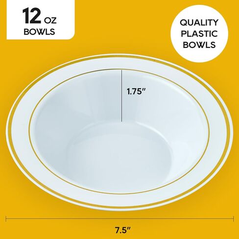 JOLLY PARTY 50PCS Plastic Bowls with Gold Rim-12oz disposable Soup Bowls, Christmas Thanksgiving Premium Dessert Salad Bowl for Wedding/Party in Saudi Arabia