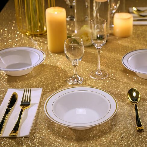 JOLLY PARTY 50PCS Plastic Bowls with Gold Rim-12oz disposable Soup Bowls, Christmas Thanksgiving Premium Dessert Salad Bowl for Wedding/Party in Saudi Arabia