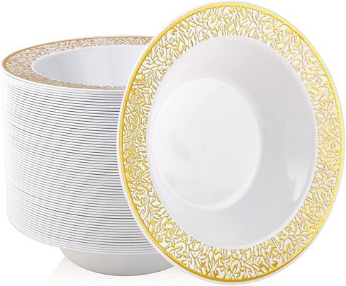 JOLLY PARTY 50PCS Plastic Bowls with Gold Rim-12oz disposable Soup Bowls, Christmas Thanksgiving Premium Dessert Salad Bowl for Wedding/Party in Saudi Arabia