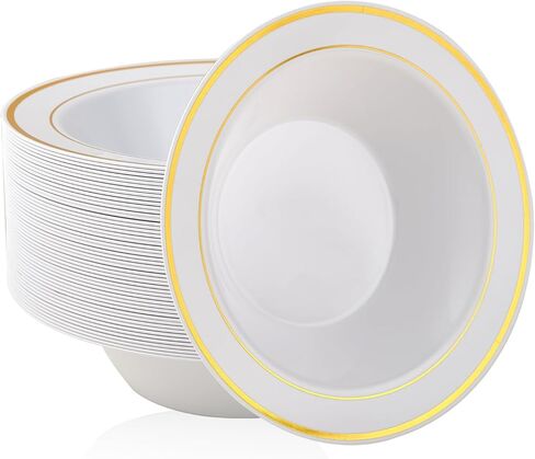 JOLLY PARTY 50PCS Plastic Bowls with Gold Rim-12oz disposable Soup Bowls, Christmas Thanksgiving Premium Dessert Salad Bowl for Wedding/Party in Saudi Arabia