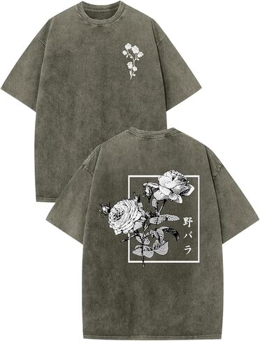 تي شيرتات ذات رسومات يابانية للرجال قمصان Harajuku Rose Flower Floral قمصان كلاسيكية رائعة كبيرة الحجم ملابس الشارع الشهير ملابس حمضية مغسولة in Kuwait